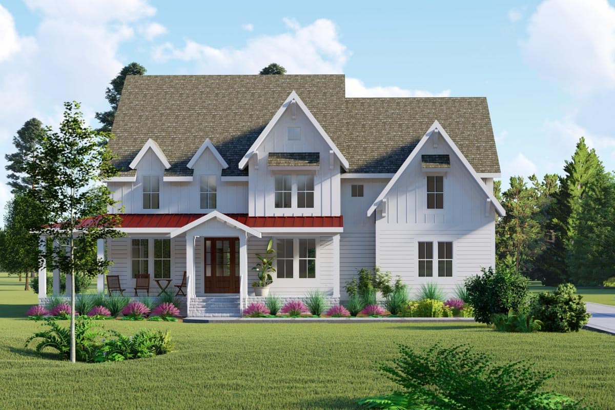 House plan exterior. Two-story Modern Farmhouse with gabled roof, dormers, and front porch. Features include a red metal roof over the porch.