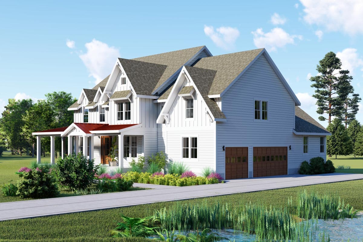 Modern Farmhouse house plan exterior with a covered front porch, gabled dormers, and a side-facing two-car garage.