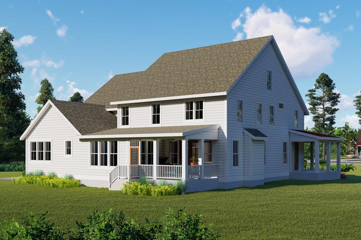 Two-story house plan exterior with gabled front, wraparound porch, and multiple dormers.