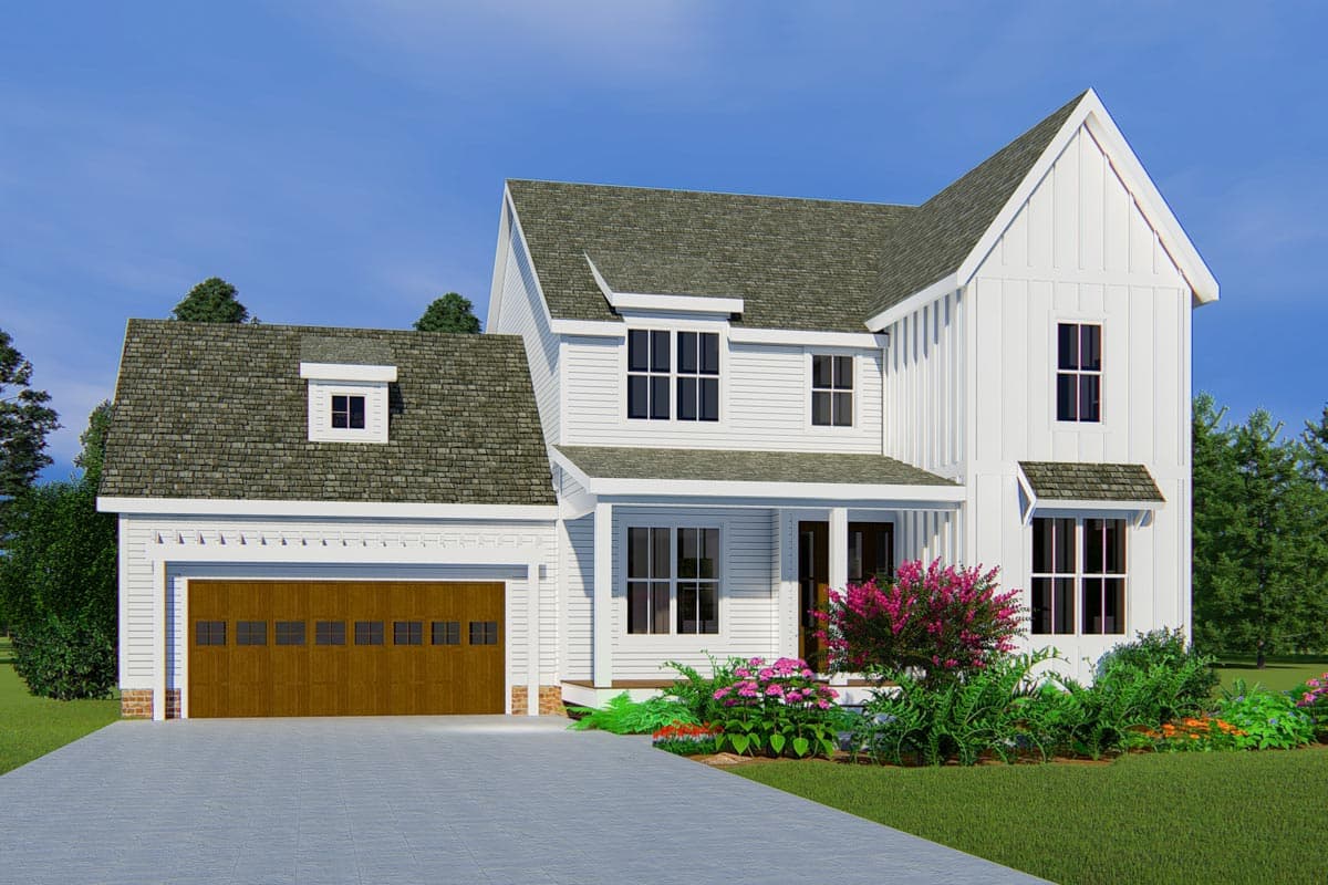 House plan exterior. Two-story Modern Farmhouse with gables, dormers, and front porch. Attached garage with contrasting wood-toned door.