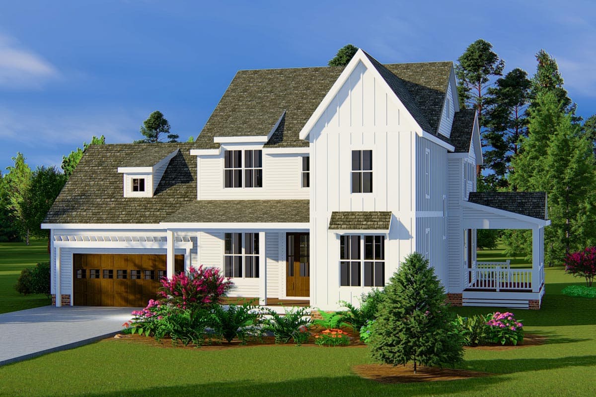 Modern Farmhouse house plan exterior with two stories, board and batten siding, gables, dormer, and attached garage.
