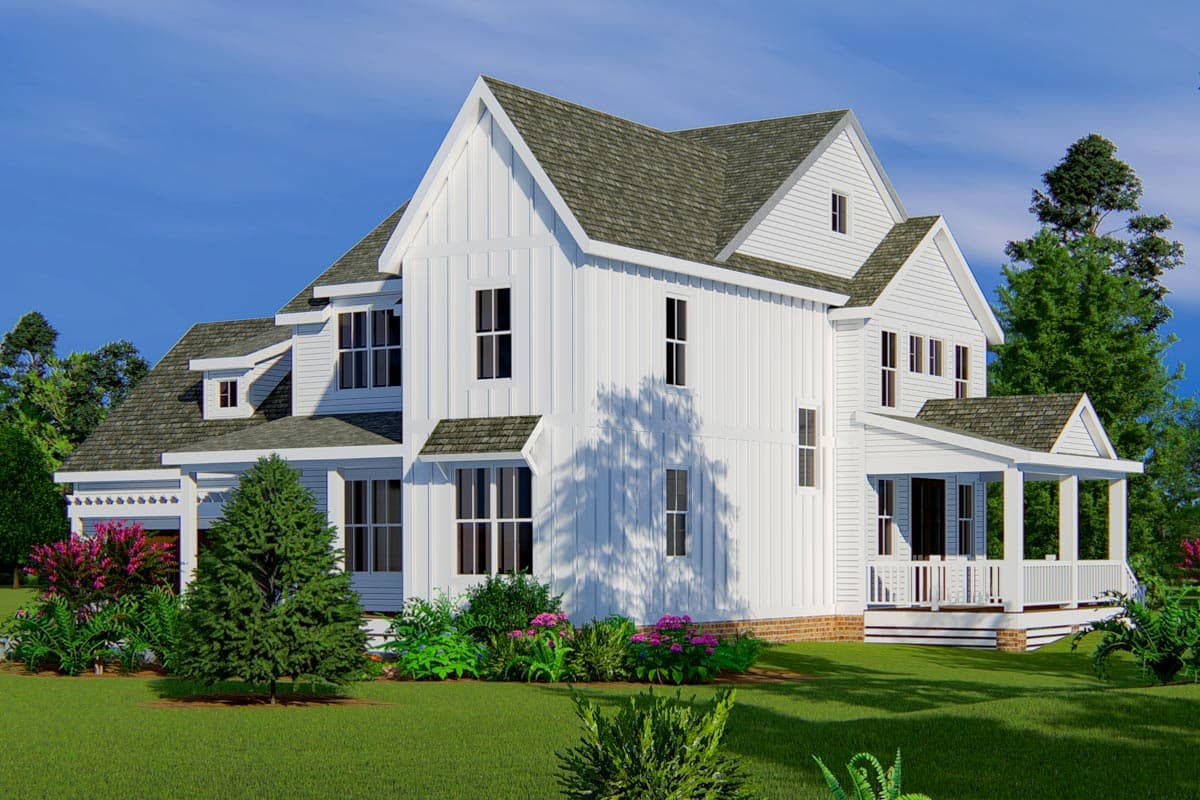 House plan exterior: Modern Farmhouse style, two stories, white board-and-batten siding, gables, dormers, and covered porch.