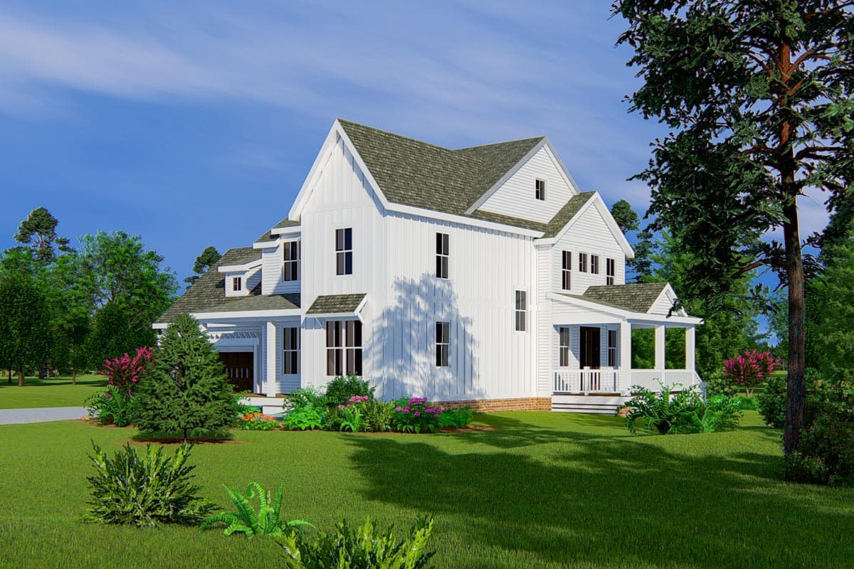 Modern Farmhouse style house plan exterior with board and batten siding, prominent gables, and a wrap-around porch.