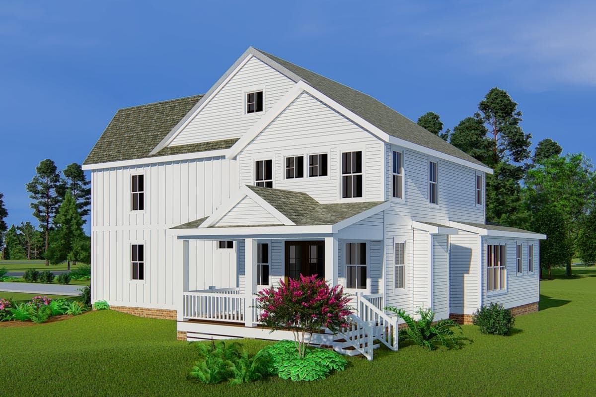 House plan exterior: Two-story Modern Farmhouse with a covered front porch, gables, dormer window, and board-and-batten siding.