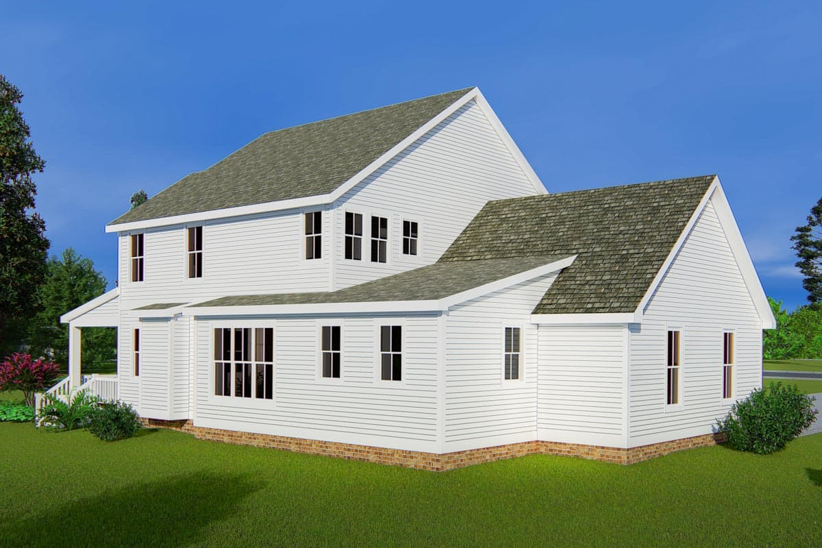 House plan exterior: two-story white siding home with a gabled roof, covered porch, and numerous windows.