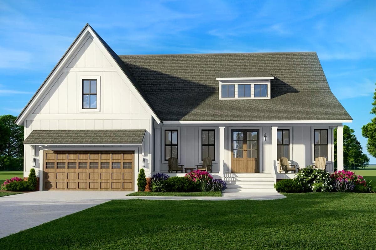 House plan exterior rendering. Modern Farmhouse style with a gable roof, covered porch, and attached garage. Includes a dormer window above porch.