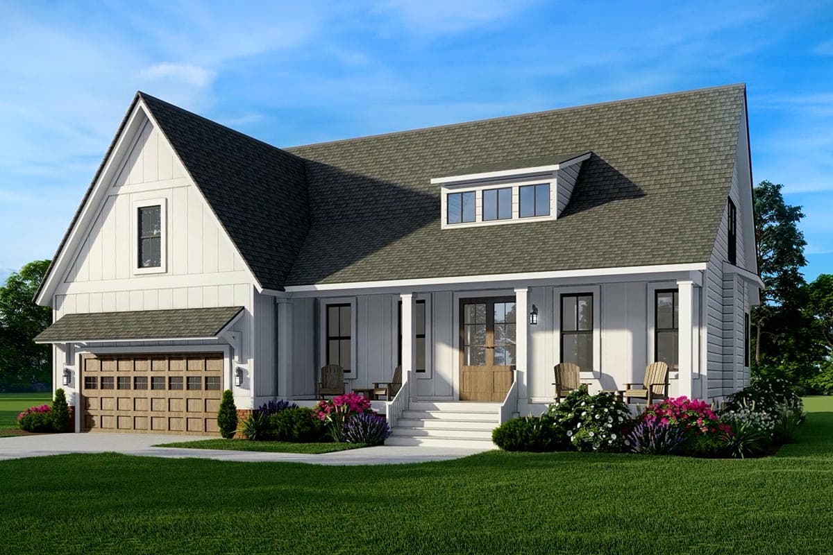Modern Farmhouse house plan exterior with a covered front porch, dormer windows, and a side-entry garage.