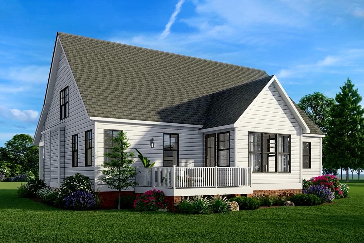 House plan exterior: Two-story Modern Farmhouse with gabled roof, white siding, a wraparound deck, and dark-framed windows.