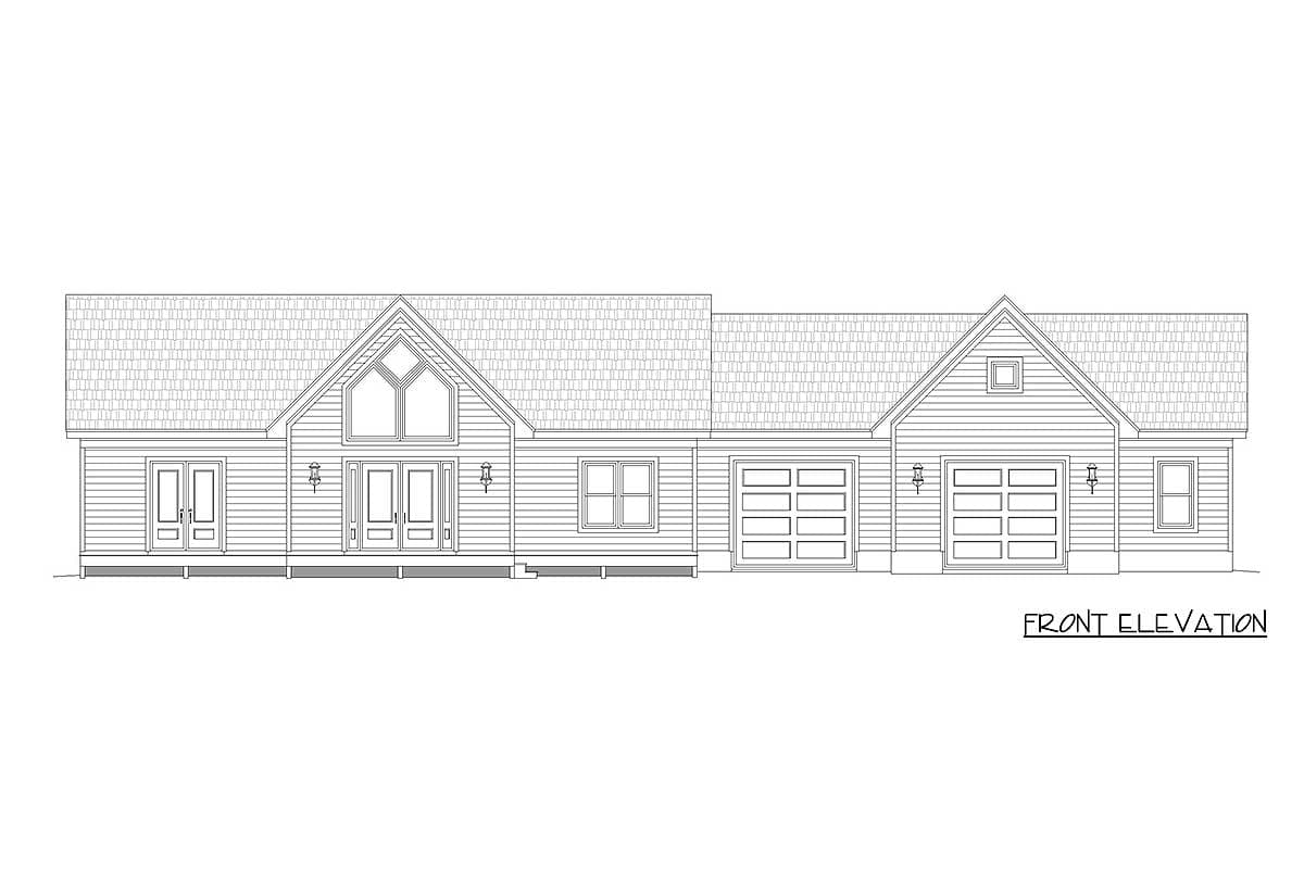 Front elevation house plan shows a one-story home with a prominent gable, double entry doors, and three garage bays.