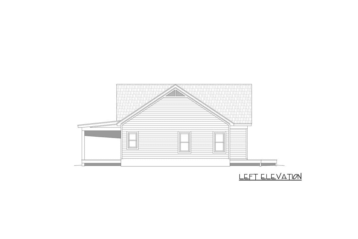 House plan left elevation showing a gable roof, siding, covered porch, and three windows.