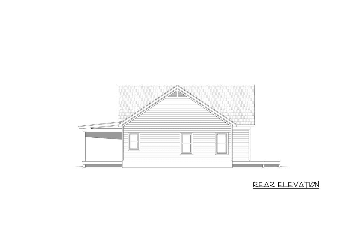 Rear elevation drawing of a single-story house plan with a gable roof, three windows, and an attached covered porch.