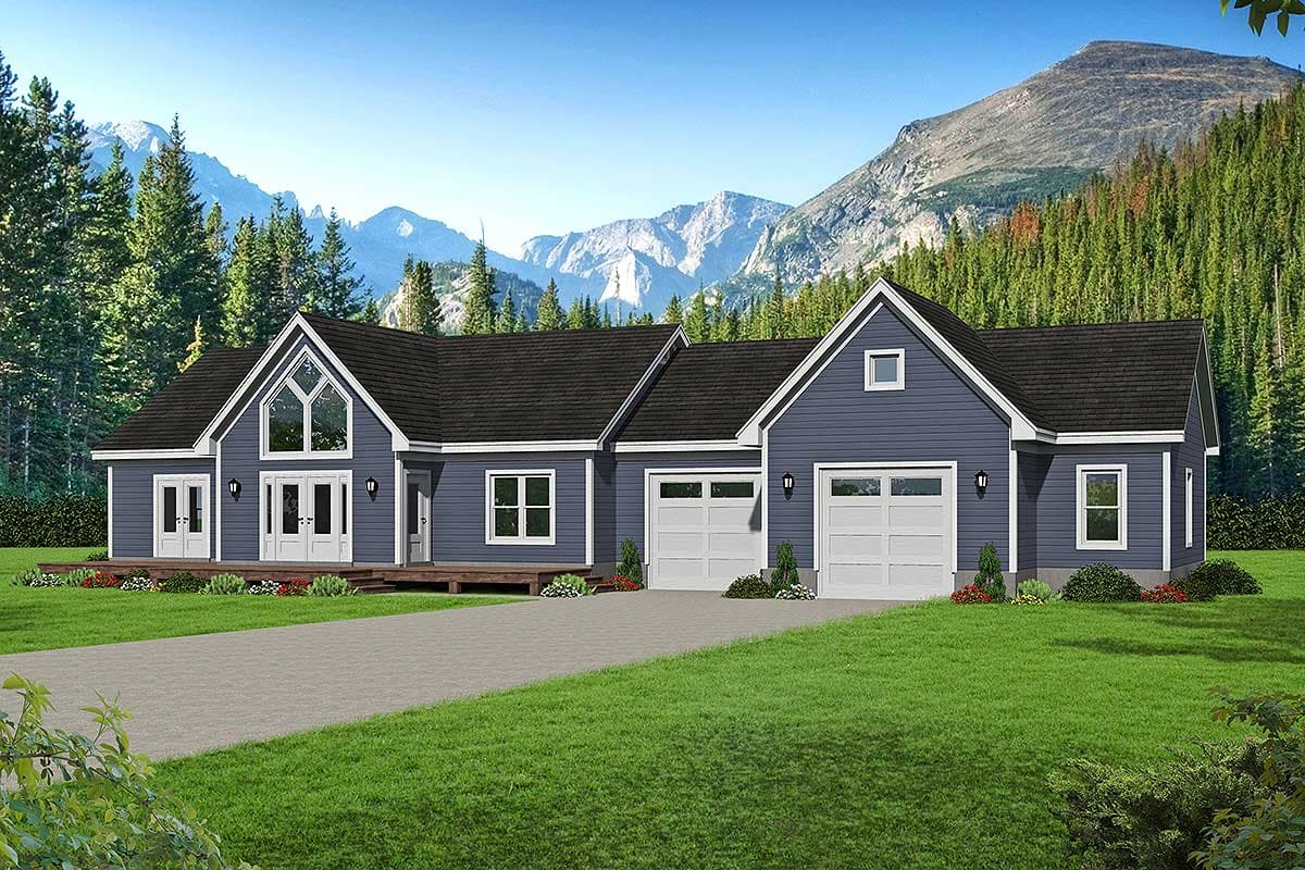 House plan exterior. Ranch style with a low-pitched roof, gabled entry, and a two-car garage. Features a porch and large front windows.
