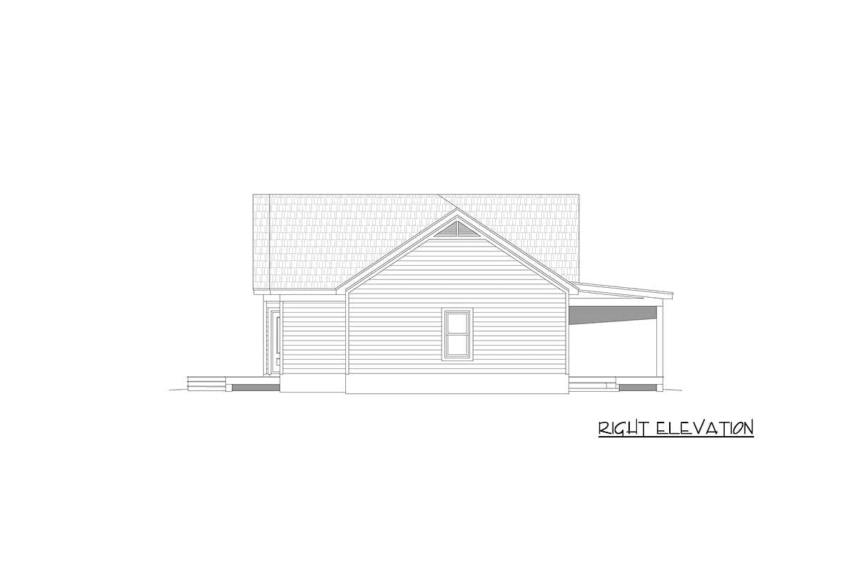 Right elevation house plan shows a gable roof, pitched roof, a single window, and a covered porch.