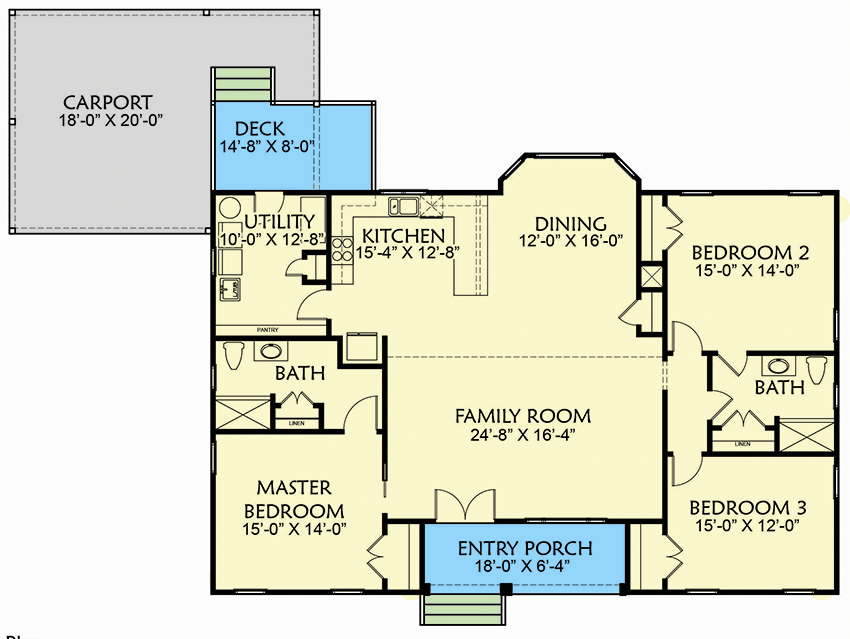 Plan 500075VV: Split-Bed Country Ranch House Plan with Carport - Floor Plan - Main Level - Country, Farmhouse, Ranch, Southern, Traditional