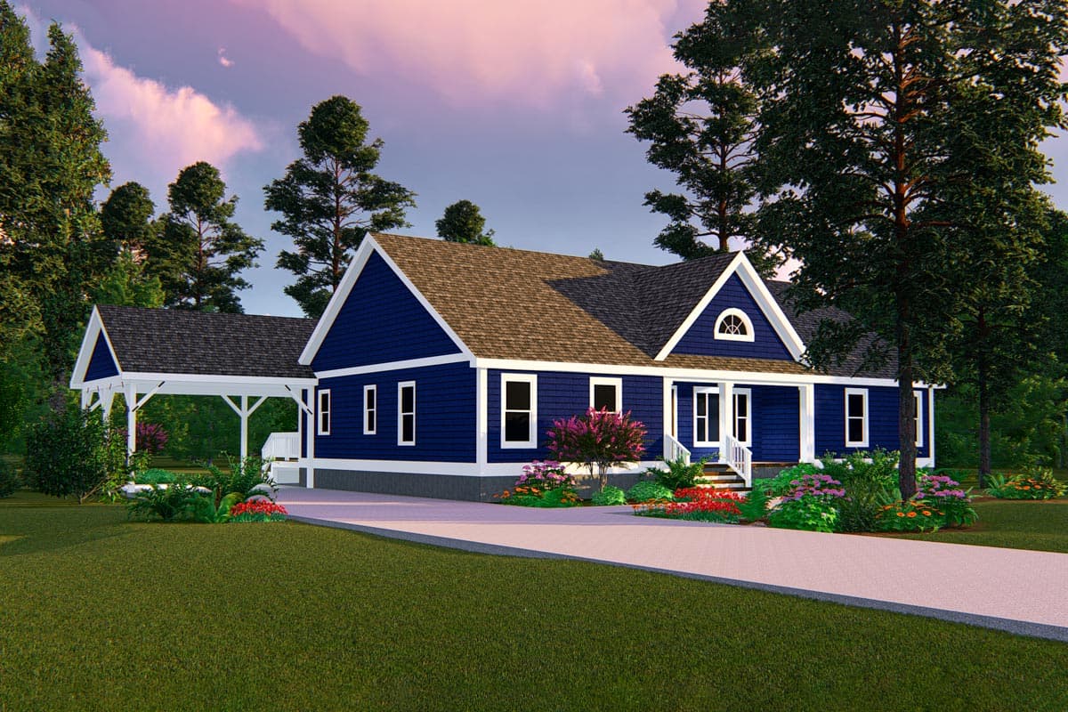 House plan exterior: Blue, one-story ranch with covered carport, front porch, gable dormer, and vinyl siding.