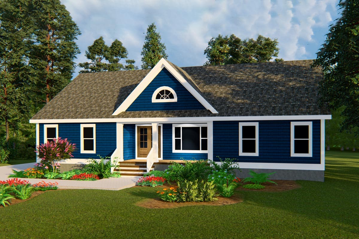 Ranch style house plan exterior with a covered front entry, gables, dormers, and multiple windows.