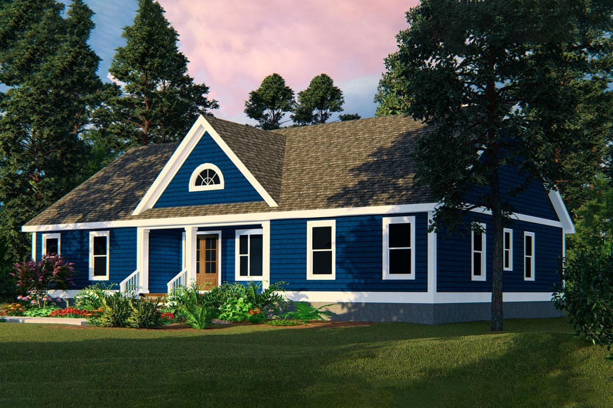 House plan exterior: Ranch style, one story, blue siding, front porch, arched gable window.