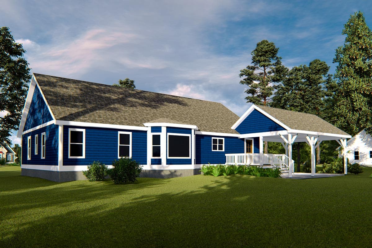 House plan exterior: single-story Modern Farmhouse with gable, hip roof, and covered porch.