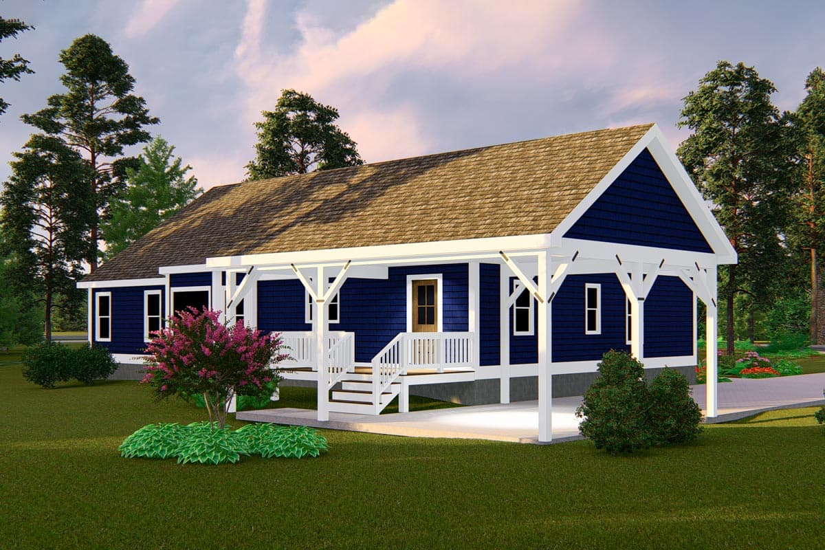 House plan exterior of a one-story blue house with a wide covered porch, gables, and a steeply pitched roof.