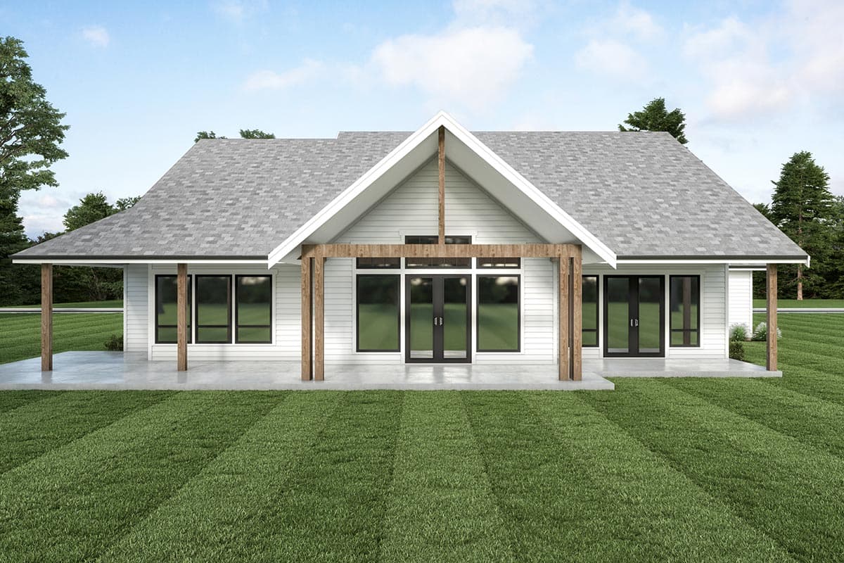 House plan exterior: Modern style, one story, with a prominent gable over the entry, double doors, large windows, and covered porches.