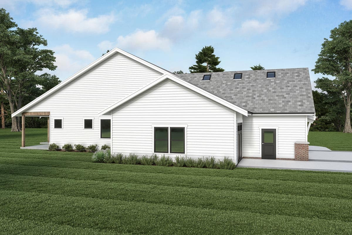 House plan exterior: single-story Modern Farmhouse with gabled roof, visible dormers, and covered porch.