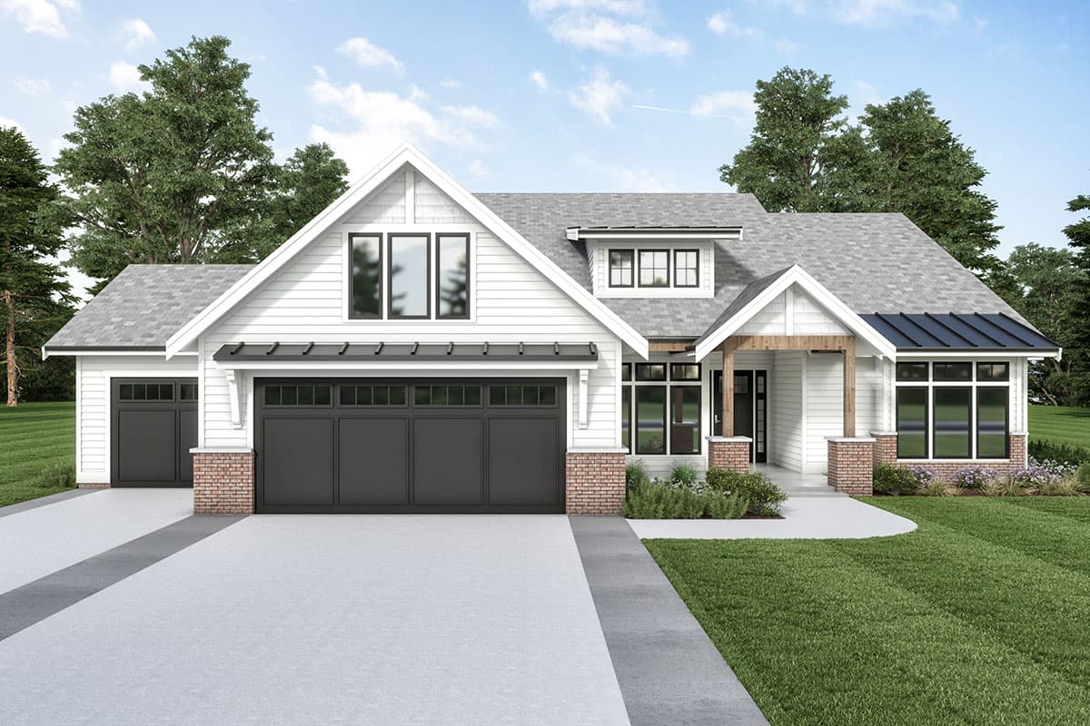 House plan exterior. Modern Farmhouse style with two stories, a front gable roof, covered porch, and a two-car garage.