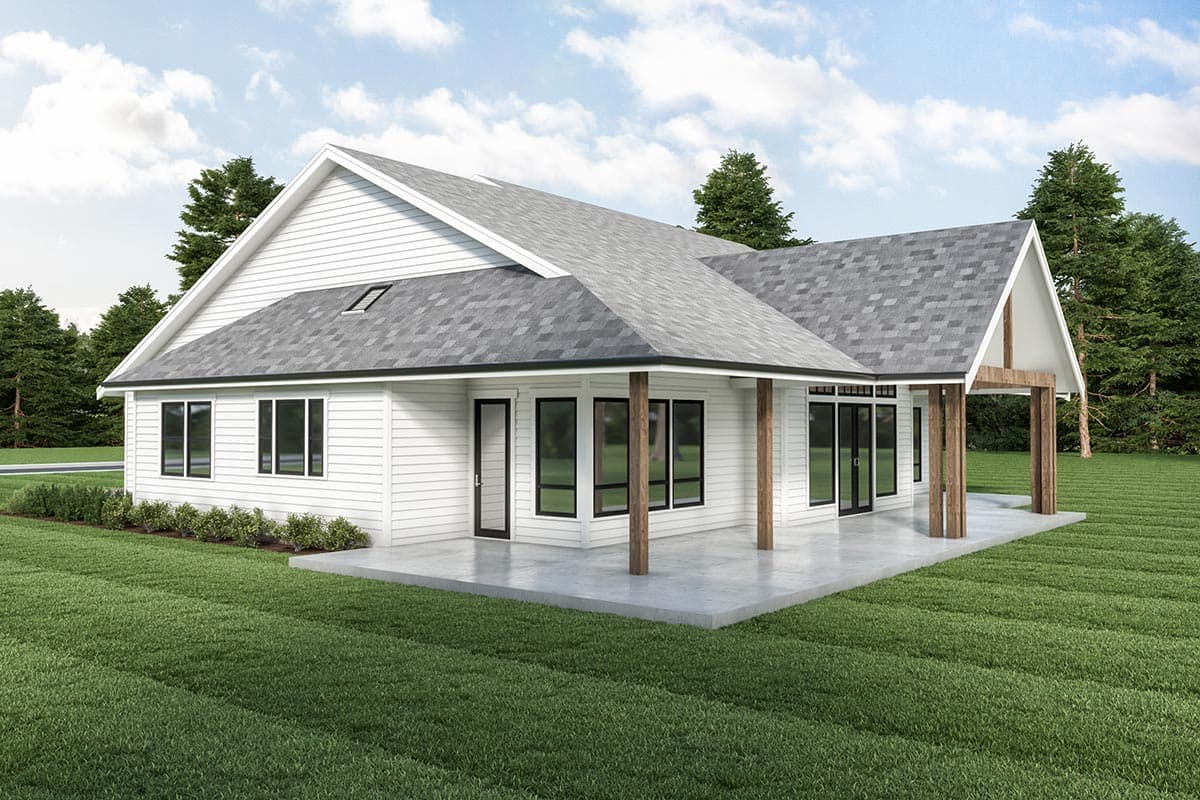House plan exterior: One-story Modern Farmhouse with gabled roof, dormer window, porch with timber posts, and large windows.