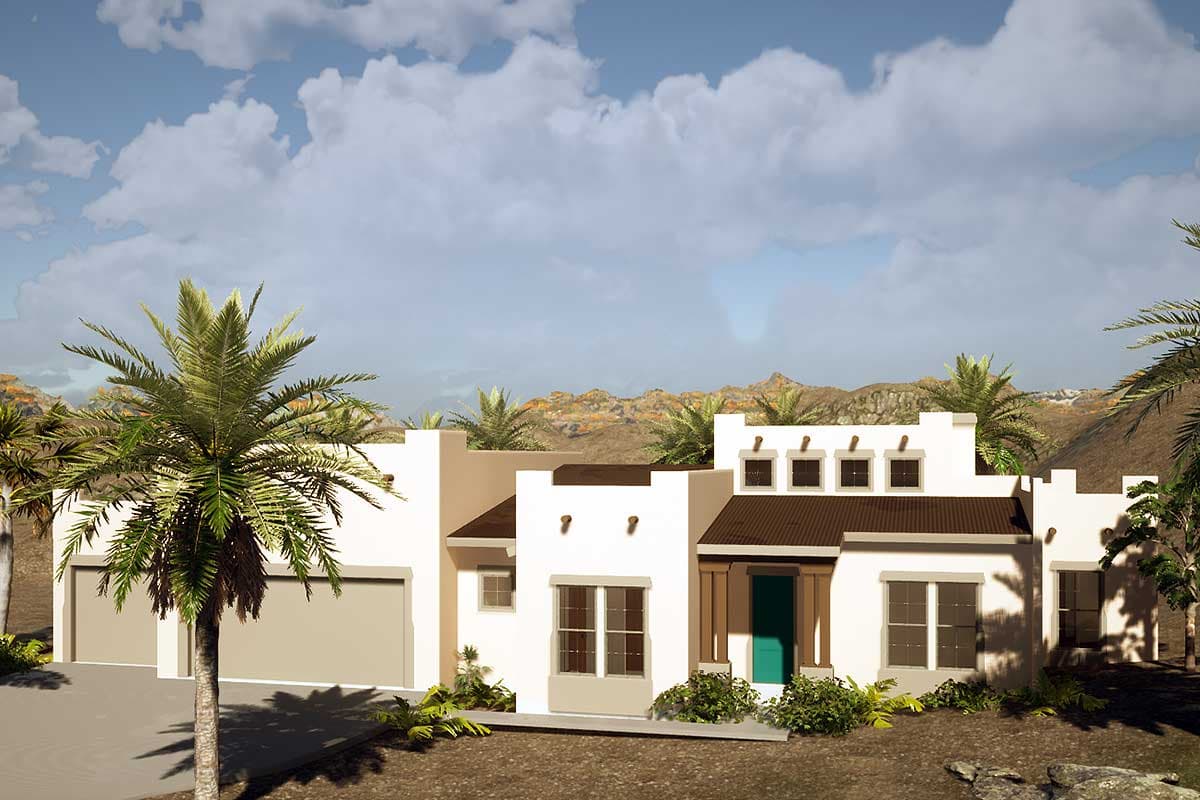 House plan exterior: Southwest style, one story, with garage, covered entry with wood posts, and flat roof sections with clerestory windows.