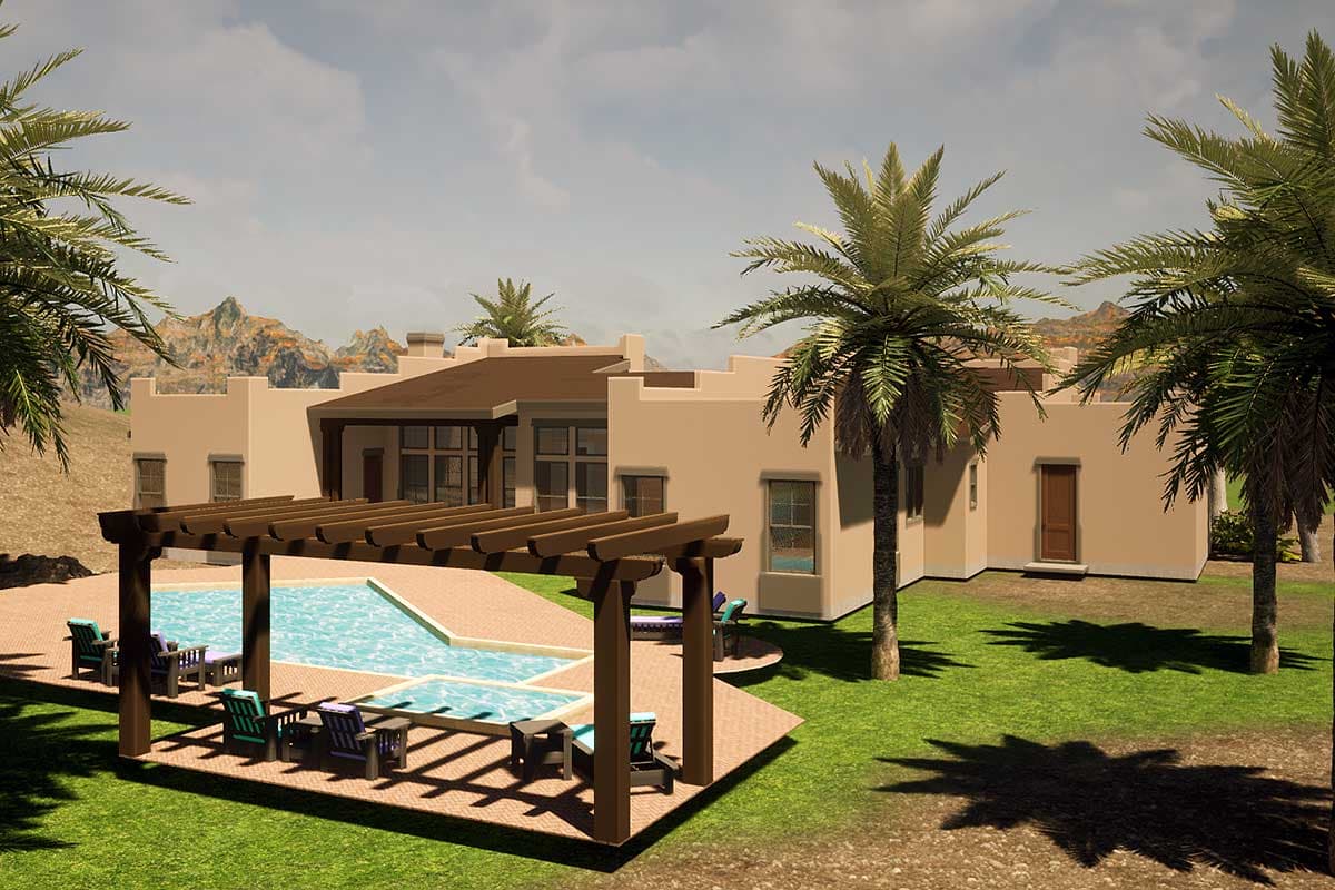 Plan 54026LK: 4-Bed Santa Fe Style House Plan with Study - Image #4 - Adobe , Southwest