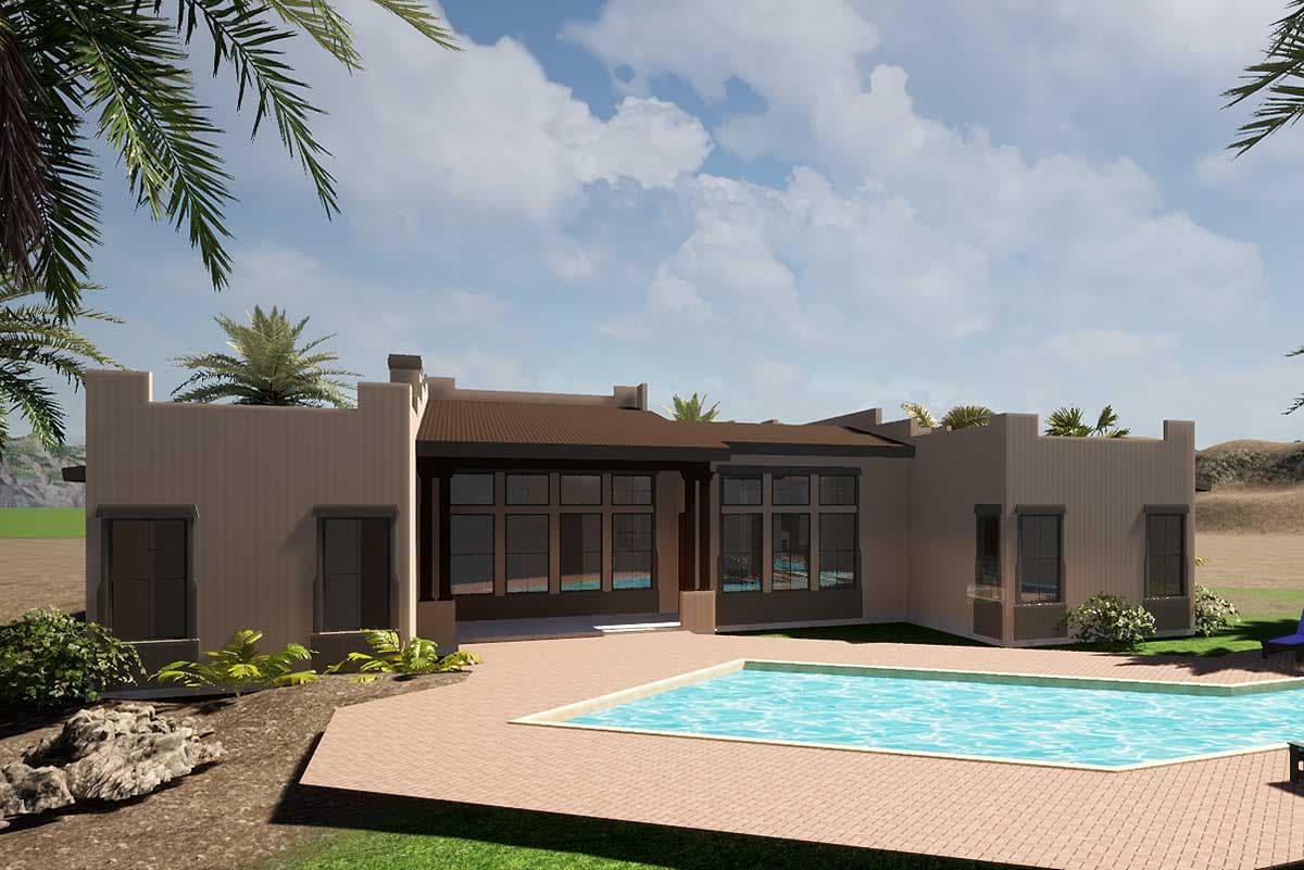 Plan 54026LK: 4-Bed Santa Fe Style House Plan with Study - Image #5 - Adobe , Southwest