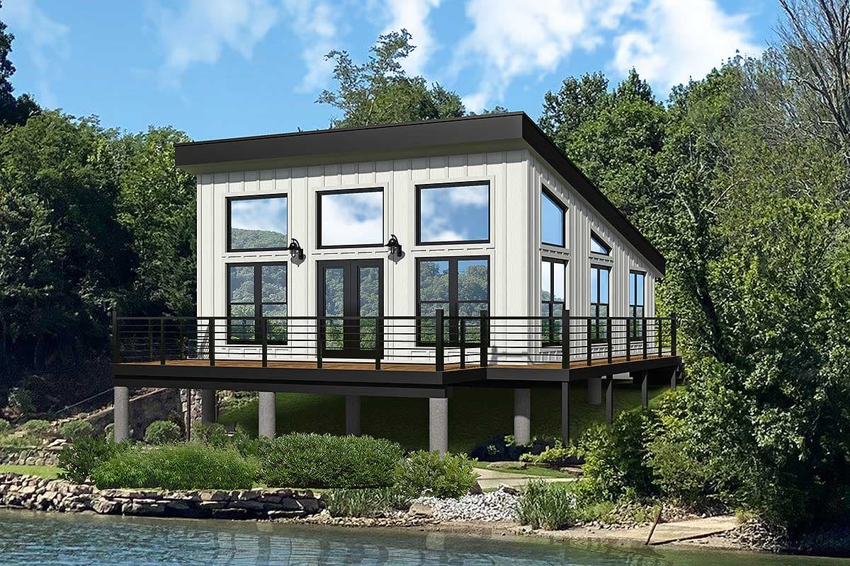 House plan exterior. Modern style, one story, elevated with a wrap-around deck. Features include clerestory windows and a flat roof.