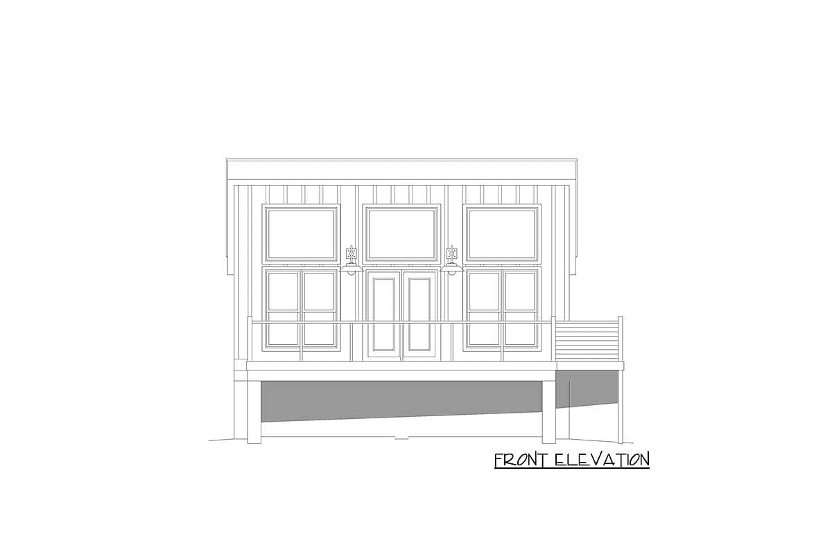 Front elevation drawing of a house plan featuring a covered porch with double doors and three sets of windows.