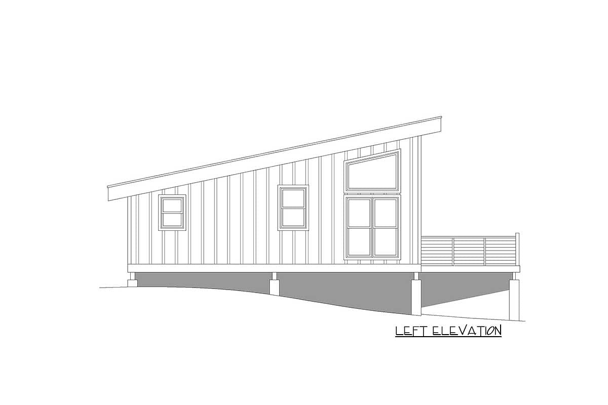 Left elevation of a single-story house plan with a sloped roof, vertical siding, and a deck.