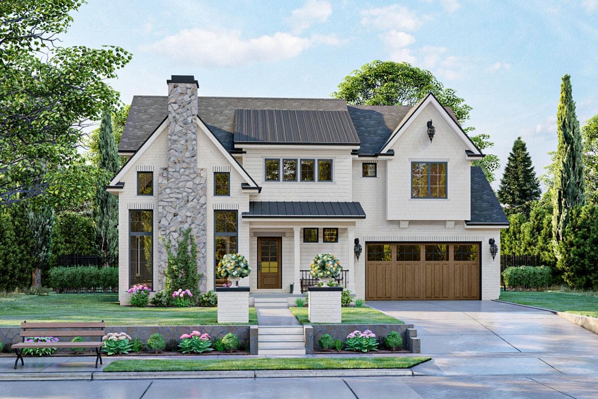 House plan exterior: Two-story modern farmhouse with stone chimney, gabled dormers, and a side-facing garage.