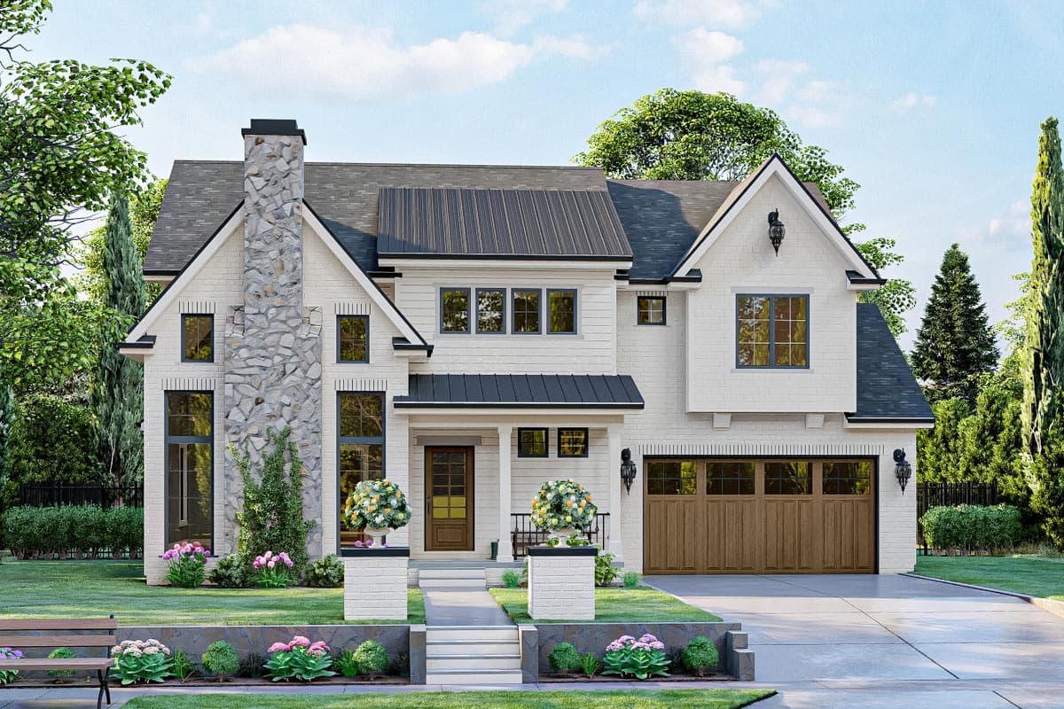 House plan exterior with two stories. Features include a stone chimney, front-facing garage, and gabled rooflines with dark metal accents.