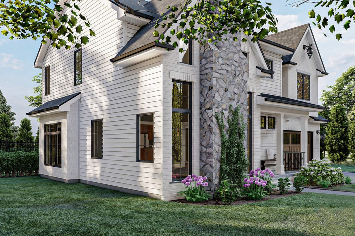 House plan exterior: two-story Modern Farmhouse with white lap siding, brick base, gabled roof, and stone chimney.
