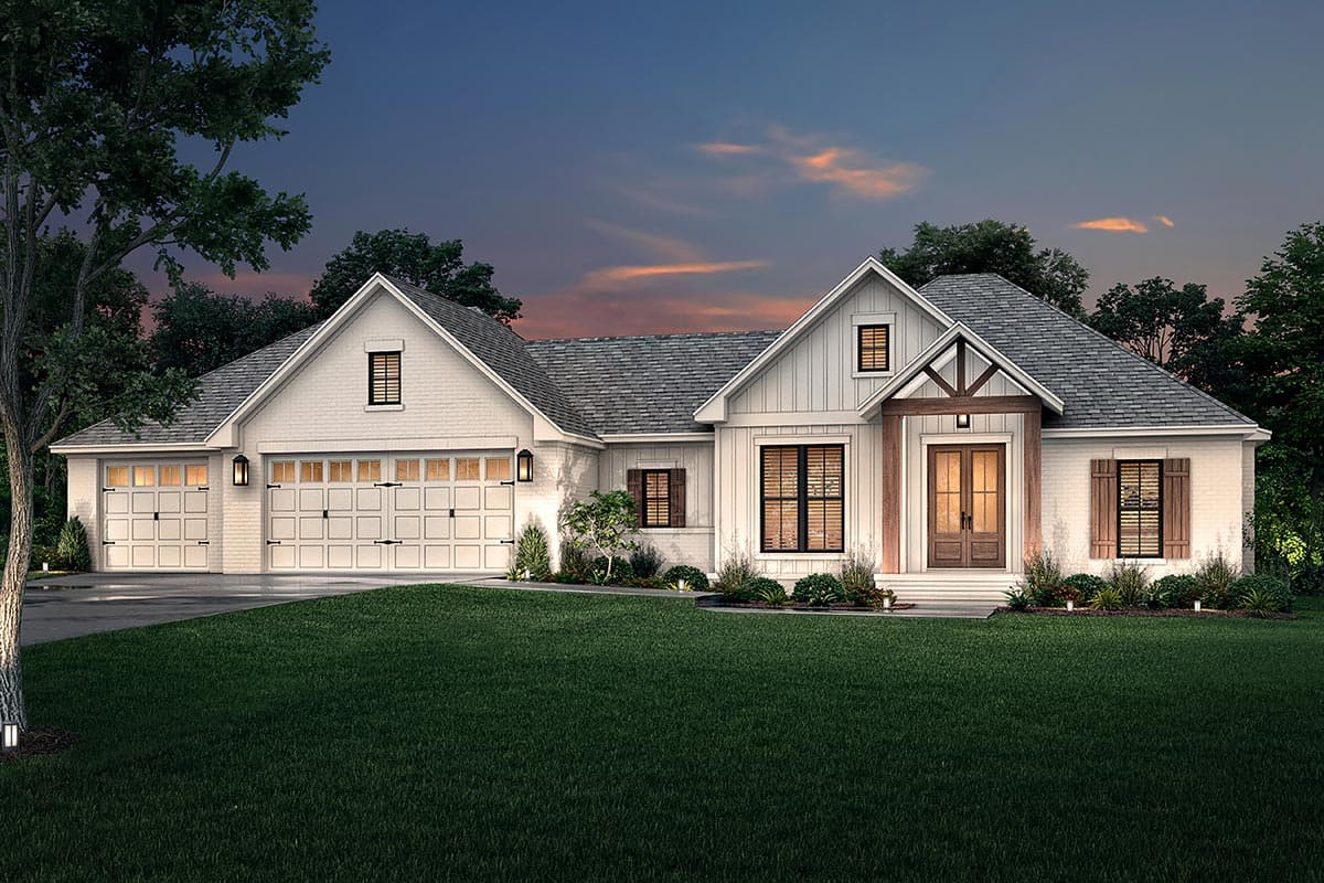 Modern Farmhouse house plan exterior with a three-car garage, gabled dormers, and a covered front porch with exposed beams.