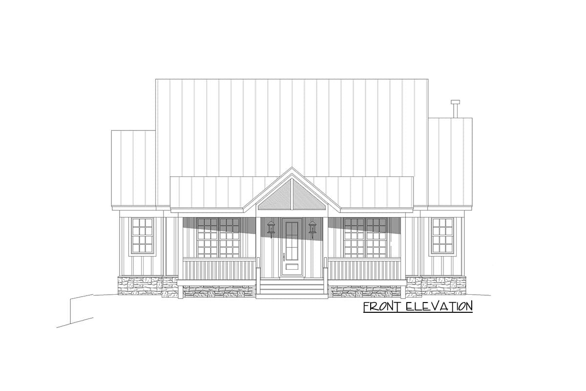 Front elevation drawing of a one-story house plan with a covered front porch, gabled roof, and stone foundation.