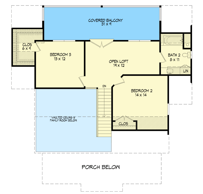 Plan 68713VR: 3-Bed Country Home Plan with Back Porches On Both Floors - Floor Plan - 2nd Floor - Country, Craftsman, Farmhouse, Mountain, Traditional