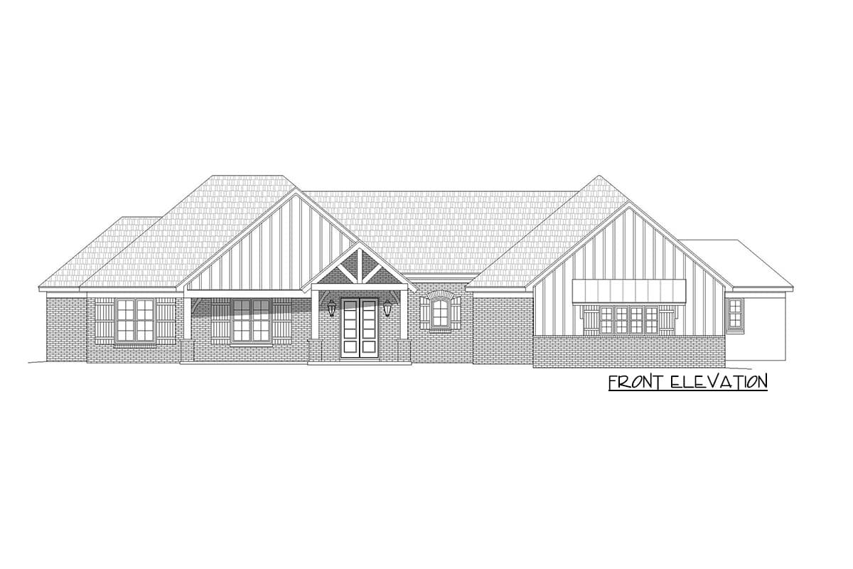 Front elevation drawing of a single-story house with a covered entry, multiple gables, and brick exterior.