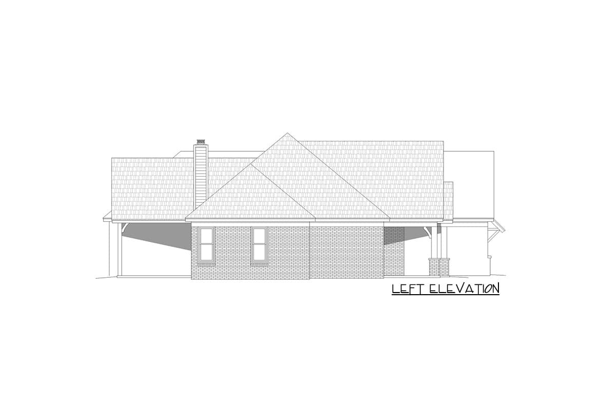 House plan left elevation drawing showing a brick exterior, hip roof, chimney, and covered porch.