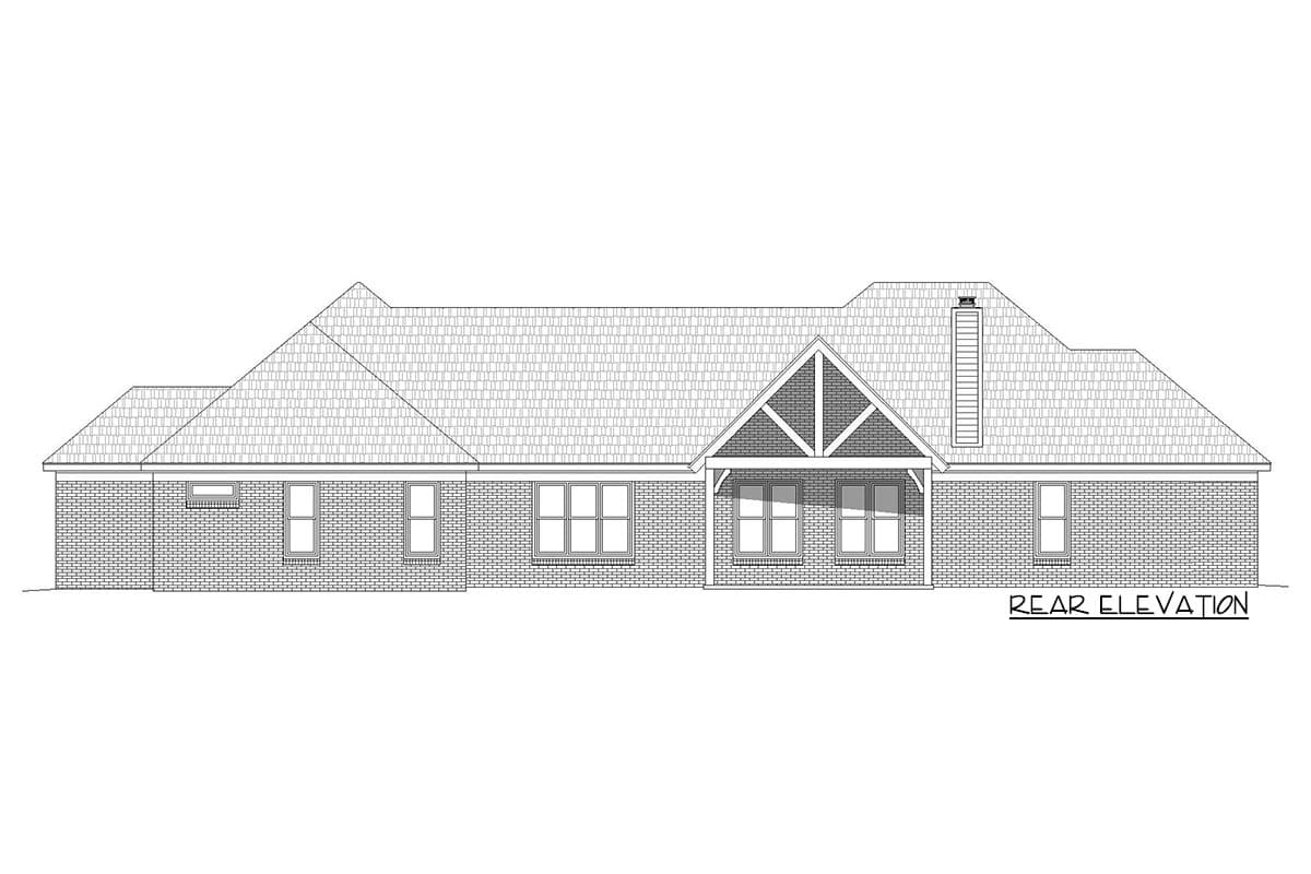 Rear elevation house plan. One-story brick home with multiple gables, a covered entry with decorative bracing, and a chimney.