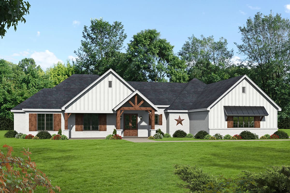 Modern Farmhouse house plan exterior with white brick, board and batten siding, gabled rooflines, and a timber-frame entry porch.