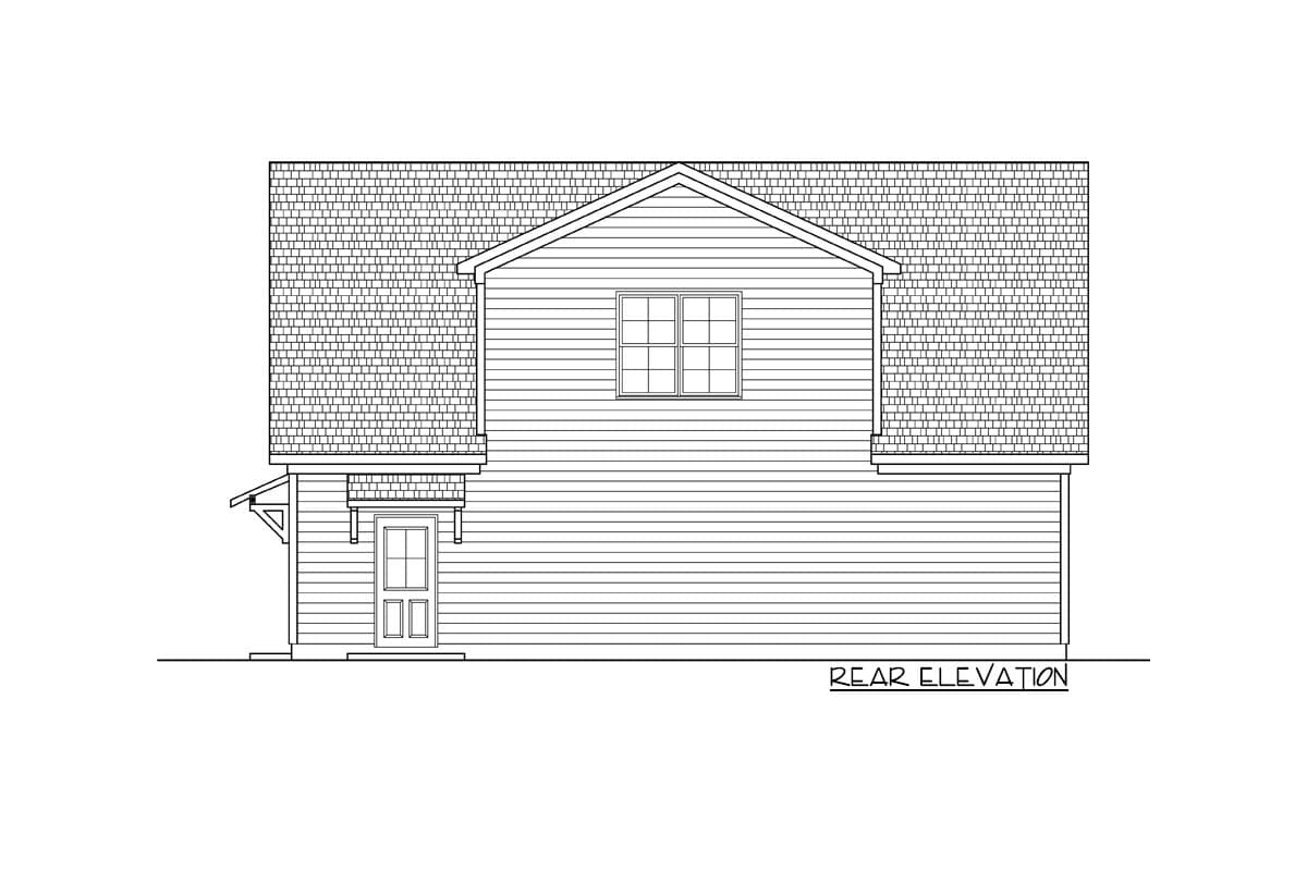 Rear elevation drawing of a house plan showing a gabled roof, clapboard siding, a central window, and a covered entrance with a double door.