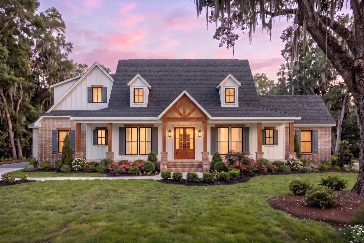 Plan 56487SM: 4-Bed Country Farmhouse with Board and Batten and Brick Exterior - Image #1 - Country, Farmhouse, Hill Country, New American