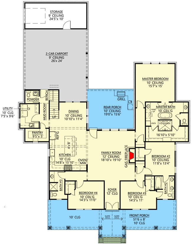 Plan 56487SM: 4-Bed Country Farmhouse with Board and Batten and Brick Exterior - Floor Plan - Main Level - Country, Farmhouse, Hill Country, New American