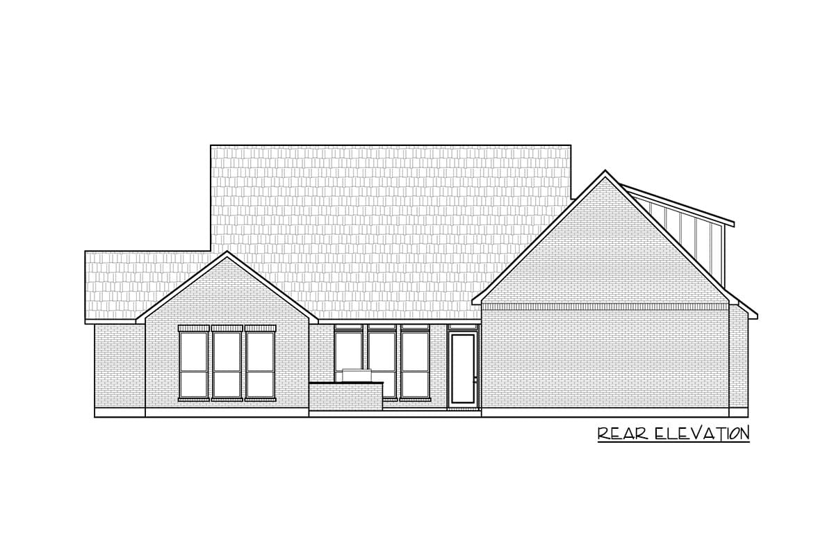 Rear elevation house plan drawing showing brick facade, multiple gables, and a low-slope roofline.