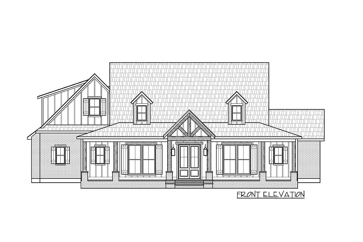 Front elevation drawing of a two-story house plan with a wraparound porch, gables, and dormers.
