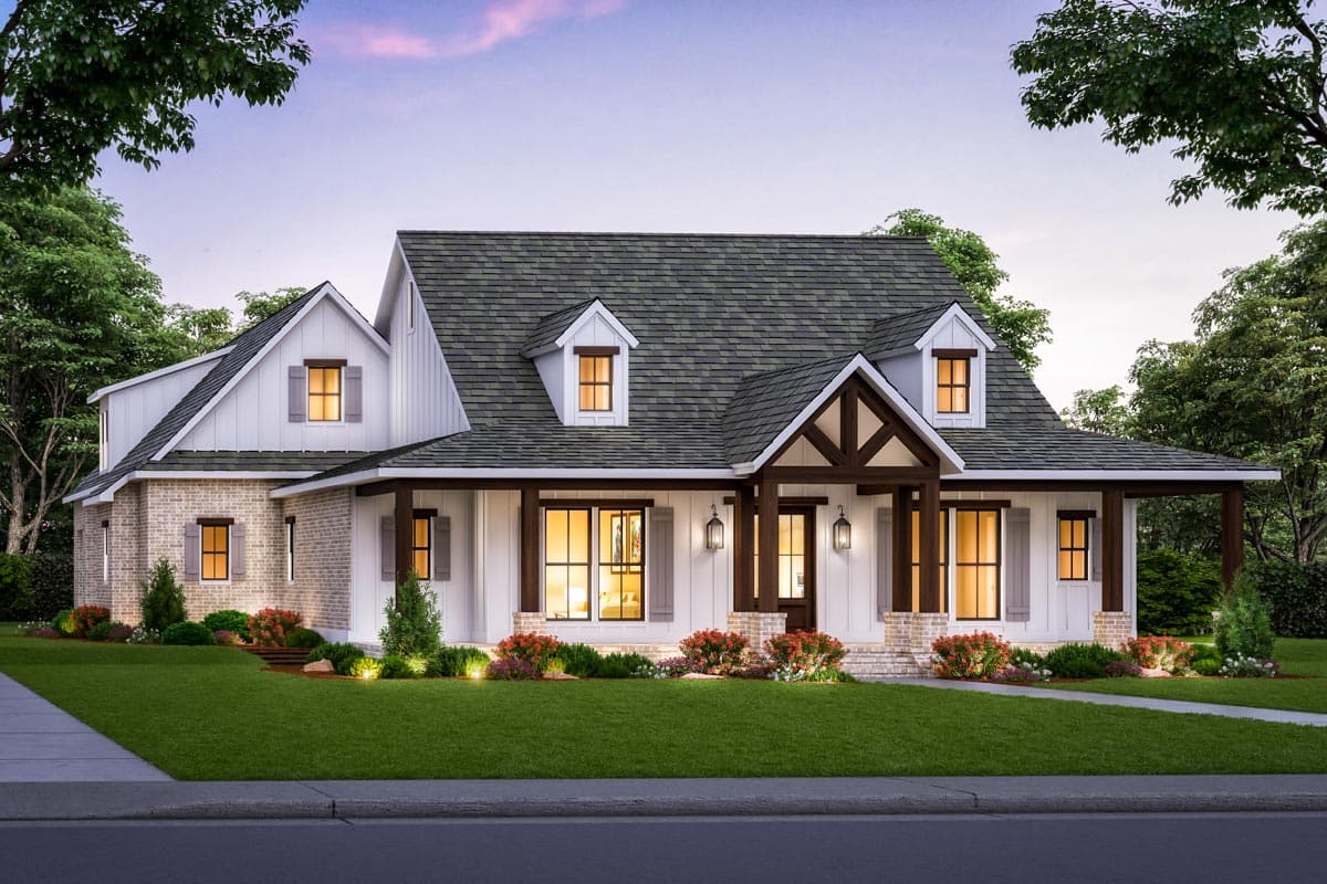 House plan exterior featuring a two-story Modern Farmhouse design. Includes a covered porch, multiple dormers, and a gable roofline.