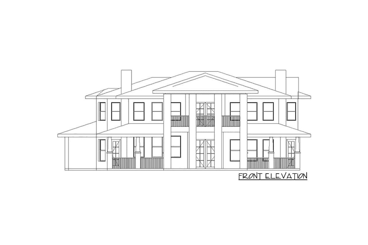Front elevation drawing of a two-story house with a wraparound porch, multiple gables, and a central balcony.